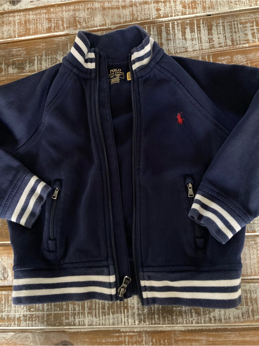 Polo by Ralph Lauren Navy Jacket with Red Logo and Striped Trim